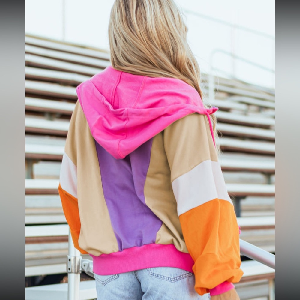 1103. Color block oversized hooded zip up jacket~ State Of Fashion - Picture 3 of 3
